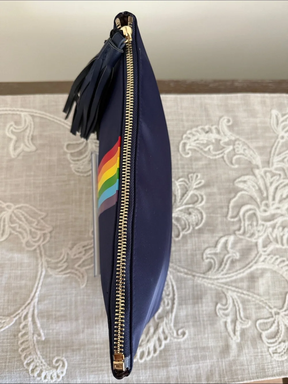 Ah!dorned Navy with Rainbow Stripe Clutch with Tassel Pull